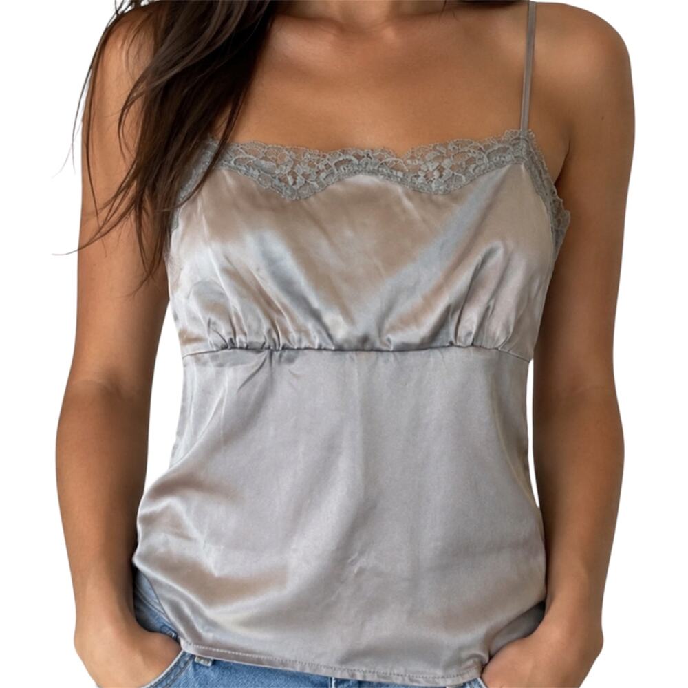 NY&C Camisole Babydoll Silky Y2K Lace Ruched Adjustable Straps Gray Small